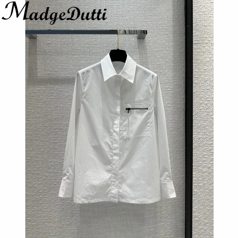 

Женская хлопковая рубашка с длинными рукавами и карманами на молнии