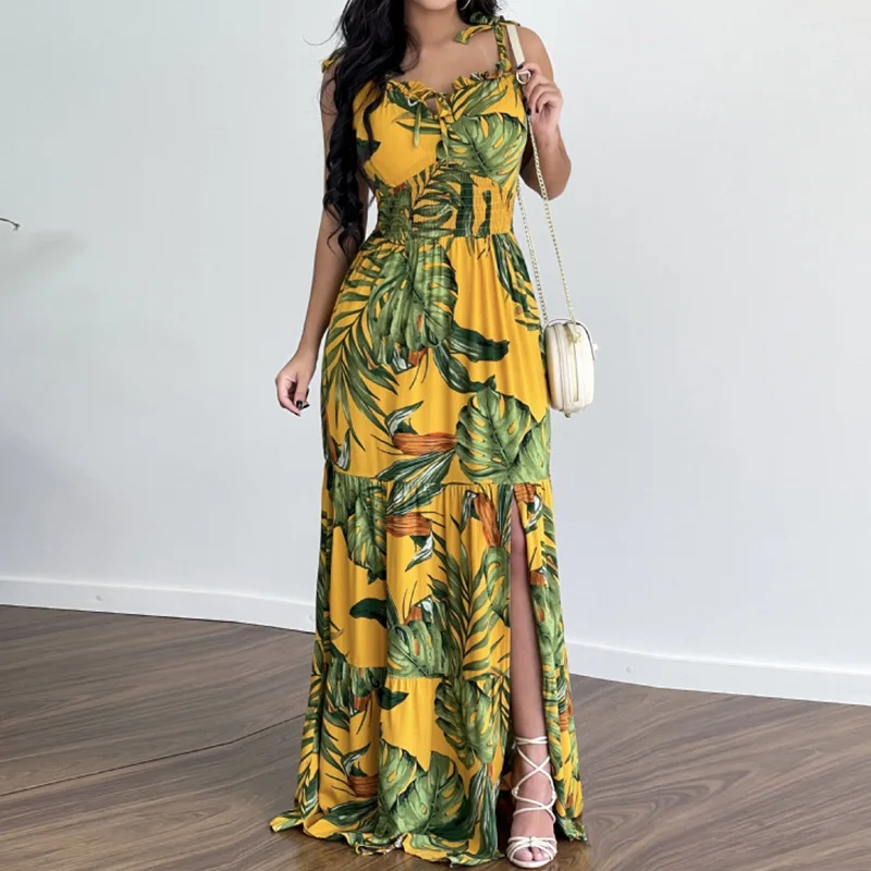 

Женское весенне-летнее Плиссированное повседневное праздничное платье с разрезом и принтом, новинка 2023