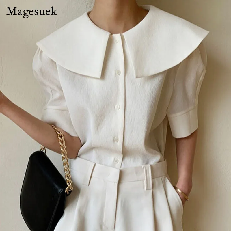 

White Elegant Button Up Blouse Summer Personality Short Sleeve Loose Shirt 2022 Retro Big Lapel Ladies Tops Women Blusas 14383