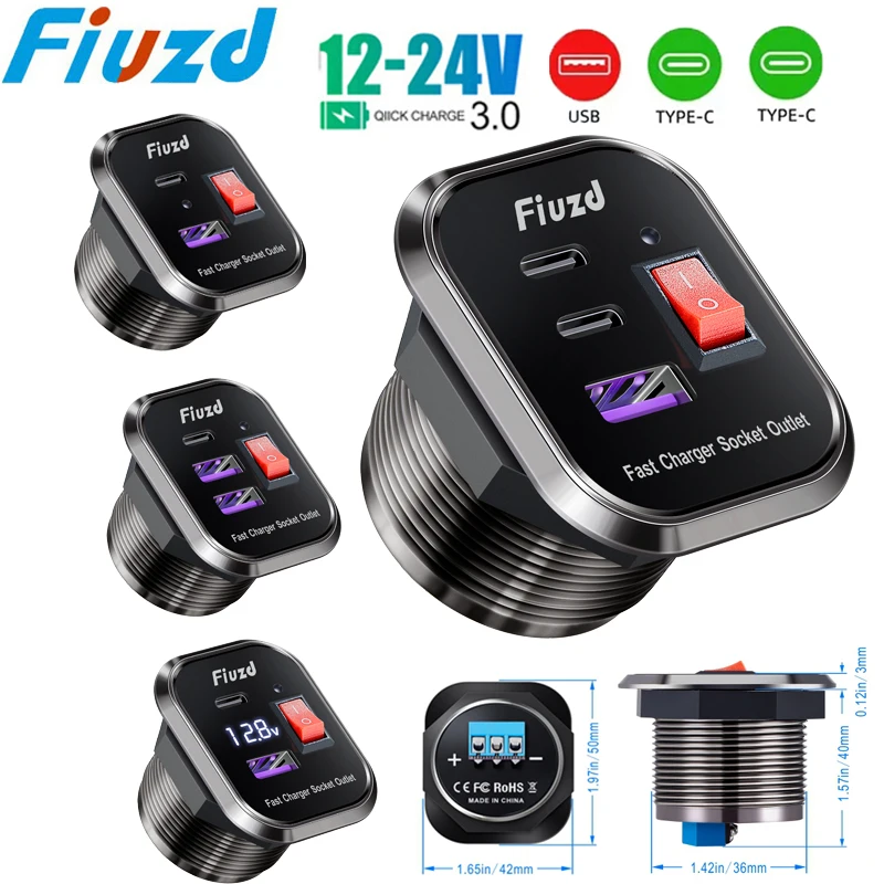 Фото Автомобильное зарядное устройство PD3.0 и QC3.0 с двумя портами USB C, водонепроницаемое со светодиодным переключателем, 78 Вт, быстрая зарядка 12 В/24 В для адаптера Moto №1