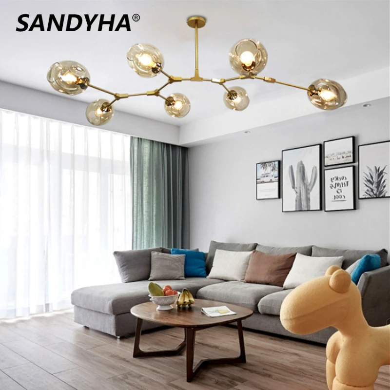 

SANDYHA Chandeliers Modern Glass Pendant Lamp Creative Design Led Light for Living Room Bedroom Lampara De Techo Lustre Salon