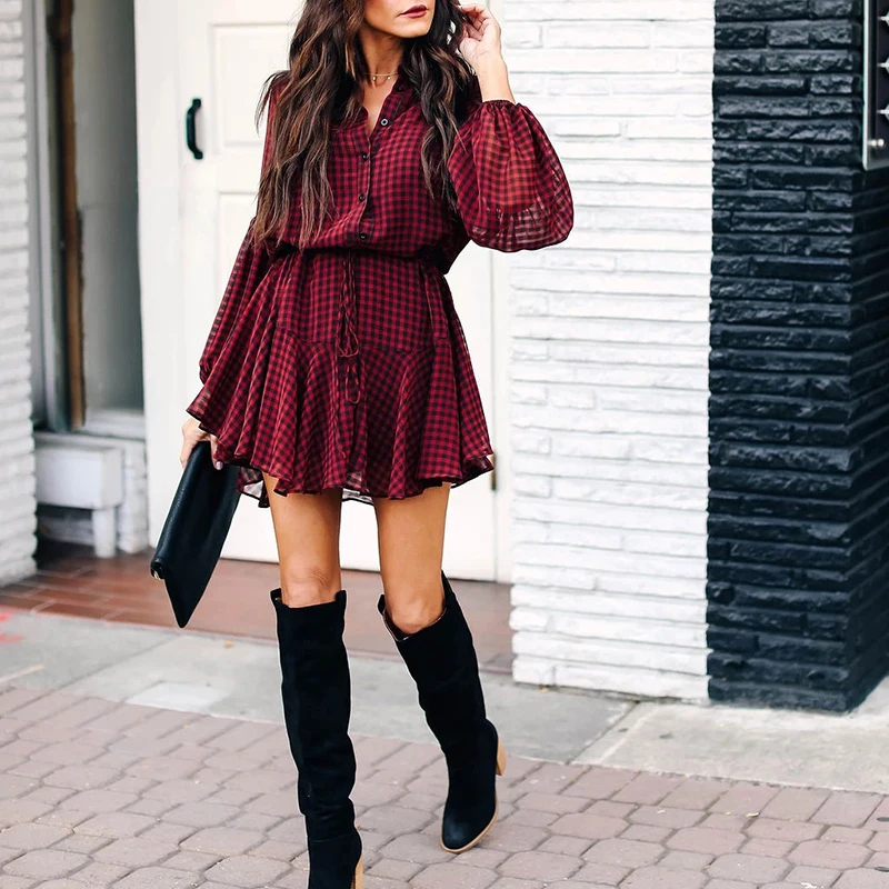 

Women Ruffles Elegant Party Vintage Casual A-Line Mini Beach Dresses 2023 Holiday Office Plaid Lantern Sleeve Shirt Dress Female