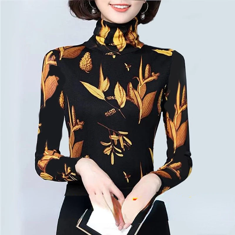 

Woman Winter Clothing T-shirt Chic Mesh Print Tops Female Turtleneck All Match Bottoming Shirt Tees Fleece Stretch Warm Top G247