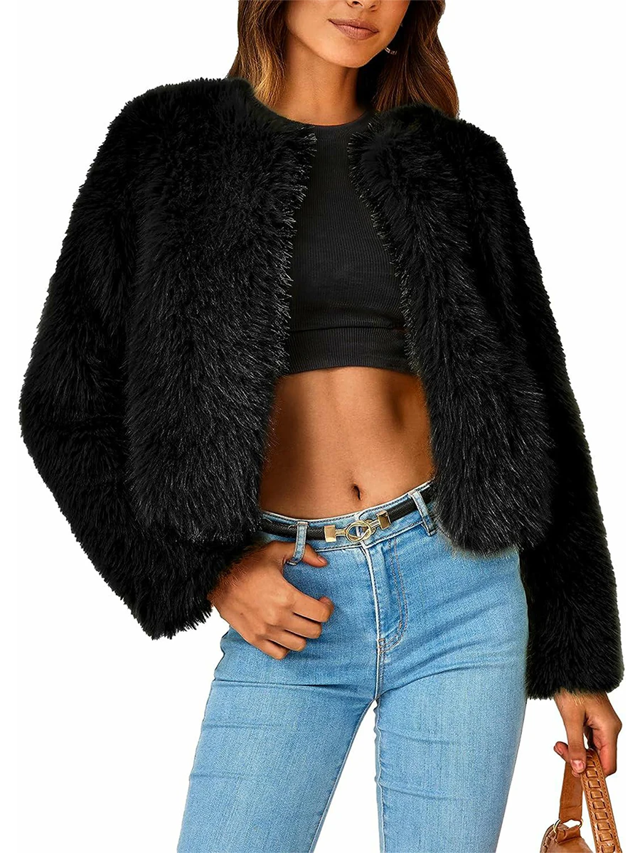

Louatui Women Fleece Cropped Faux Fur Jacket Solid Color Long Sleeve Winter Coats Shaggy Warm Outerwear Fall Clothes