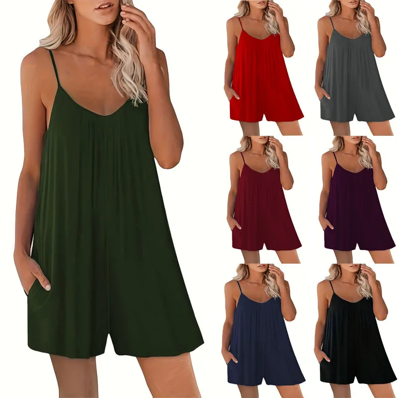 

2023 New Female Solid Color Baggy Rompers Winter Women's Strap Rompers Casual Shorts Everyday Street Sexy V-neck Rompers