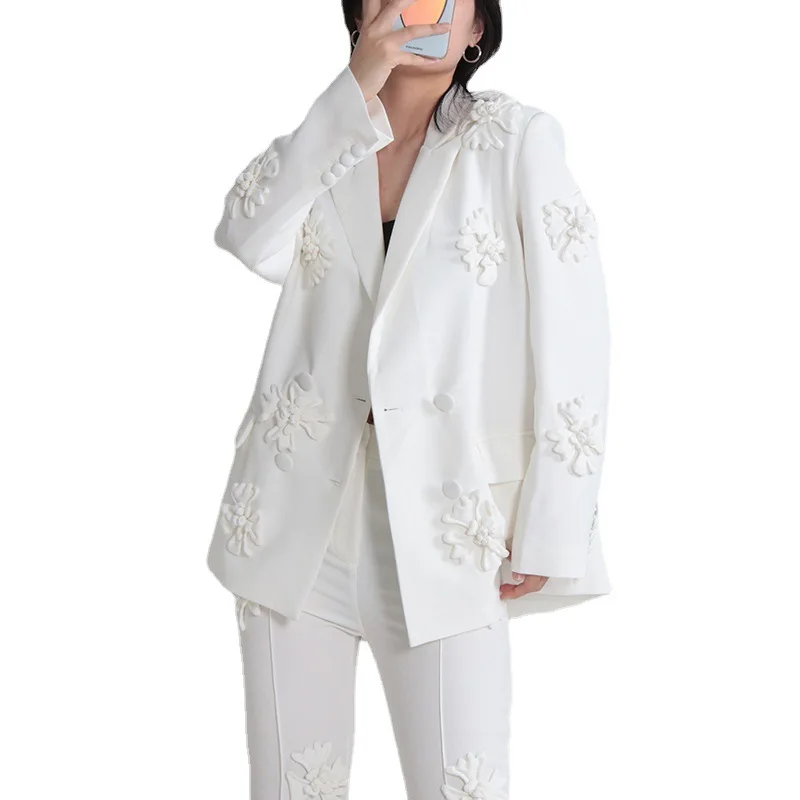 2023 Summer New Women's Temperament Suit, Long-sleeved Buckle Lapel Three-dimensional Flowers Stitching Solid Color Jacket for W