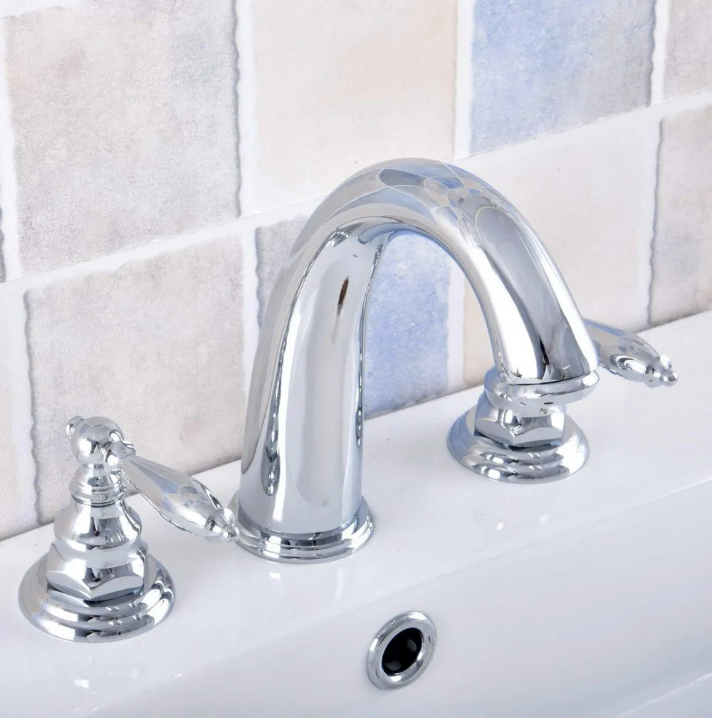 

Dual Lever Knob Chrome Brass Widespread Basin Faucet Bathroom Sink Hot And Cold Water Tap Deck Mounted Three Hole Dnf534