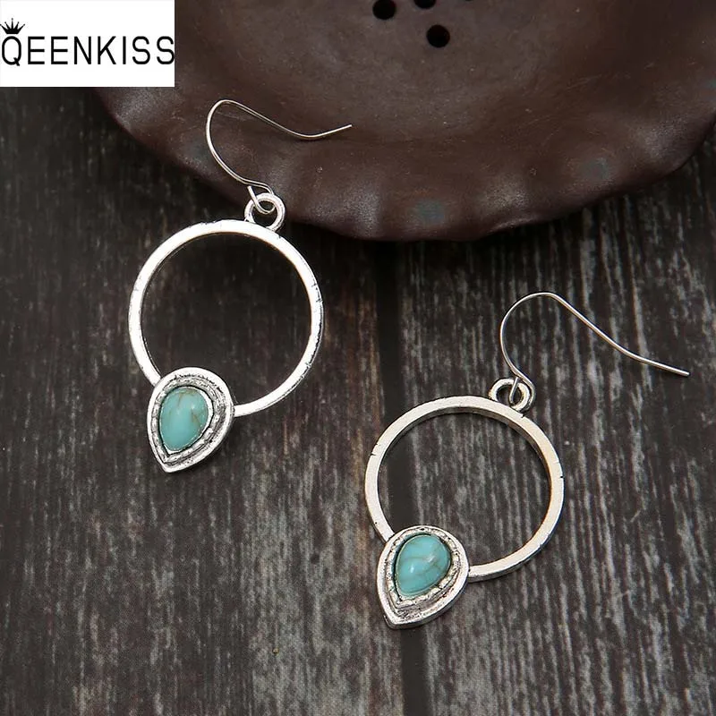 

QEENKISS EG6322 Jewelry Wholesale Fashion Woman Girl Birthday Wedding Retro Water Drop Turquoise Antique Silver Drop Earrings