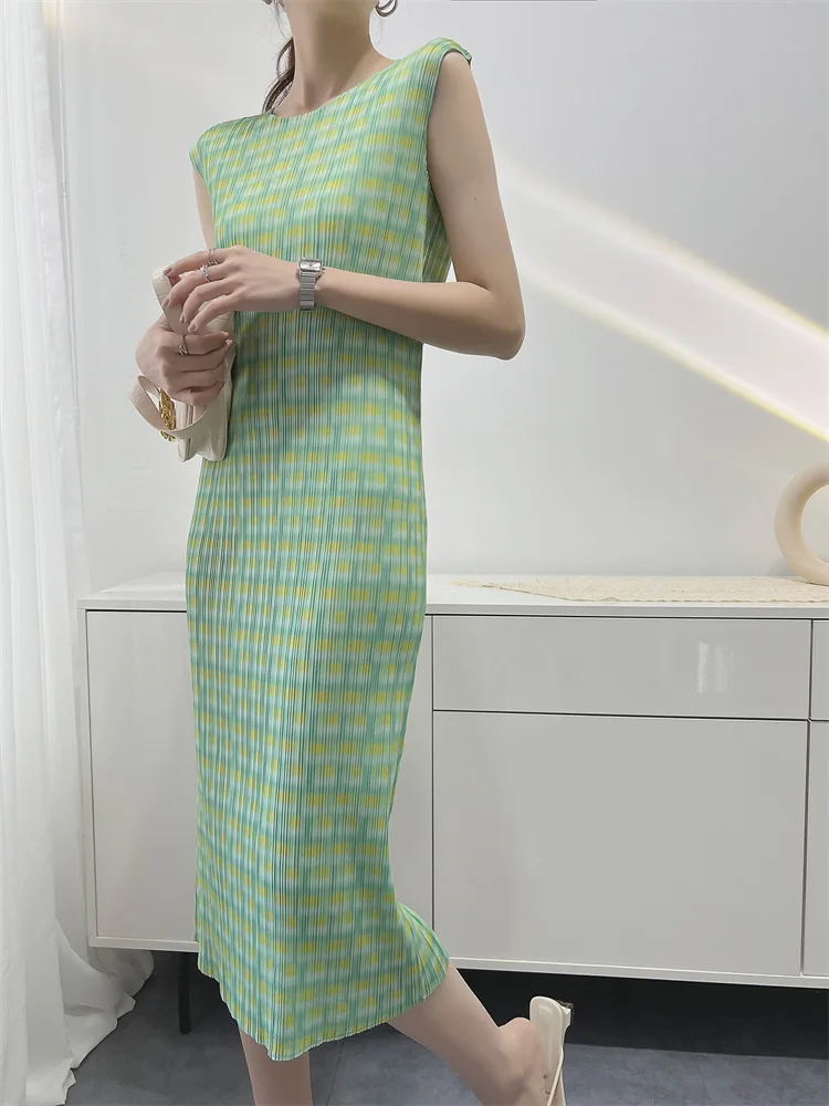 Miyake Pleated Dress Digital Printing Summer Slim Fit Pleated Skirt Mid Length Pleated Skirt Women's