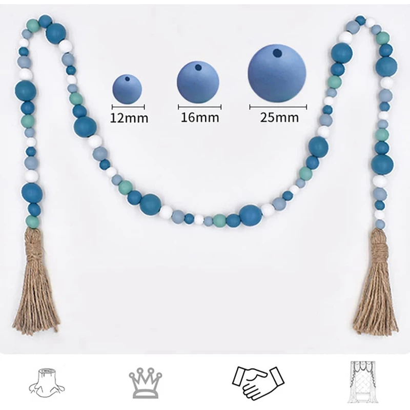 Blue Wood Bead Wreath Nautical Farmhouse Country Style Beaded With Twine Tassels For Home Room Decor