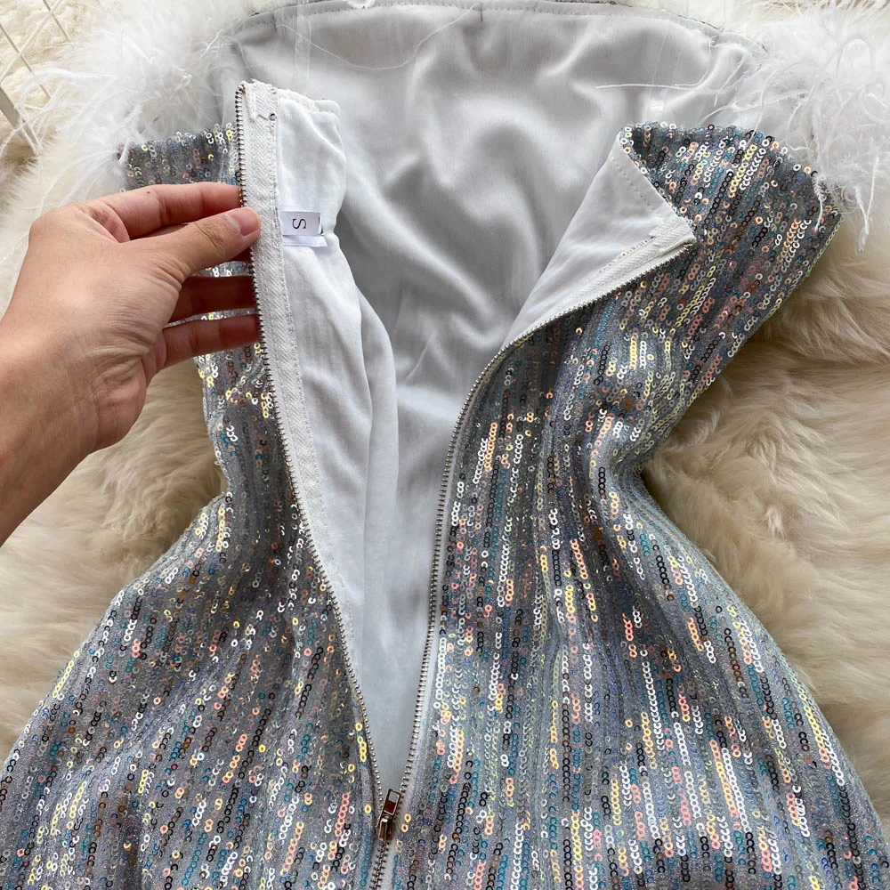 Сексуальное женское праздничное платье до середины икры с блестками без рукавов