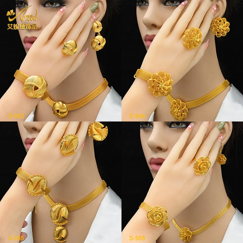 Indian Luxury Necklace Jewelry Sets For Women Dubai Gold Color African Arabic Wedding Bridal Collection Sets Earring Jewellery