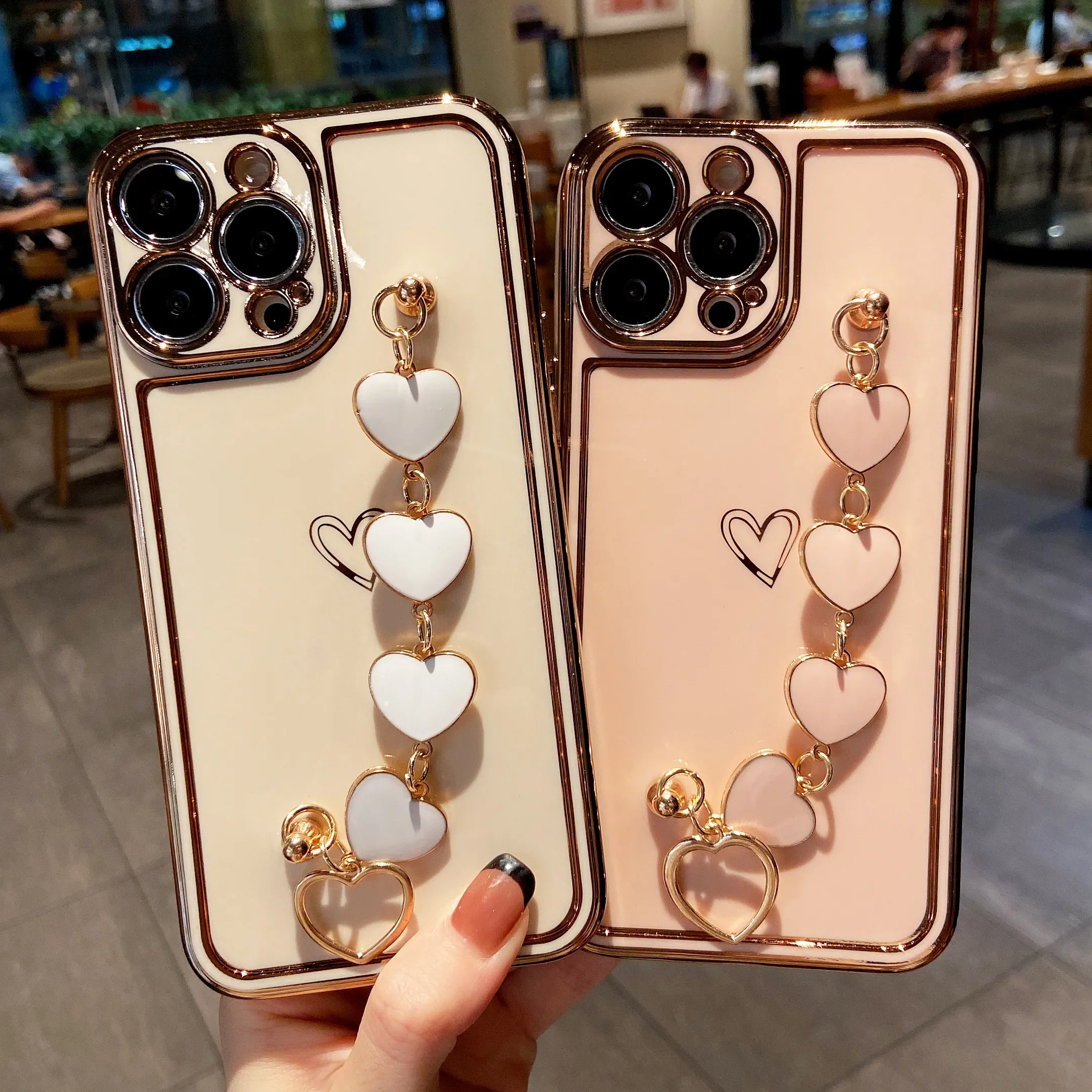 

3D plating Love Heart Chain Phone case for iphone 13 11 Pro Max XR 11ProMax X XS 7 8 plus SE 2020 Hanging Strap Cover
