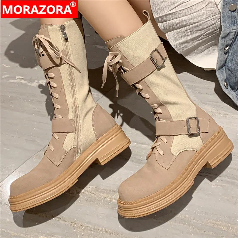 

Женские замшевые сапоги до середины икры MORAZORA, черные замшевые сапоги до середины икры на платформе с узким ремешком и пряжкой, на молнии, на среднем квадратном каблуке, осень 2023