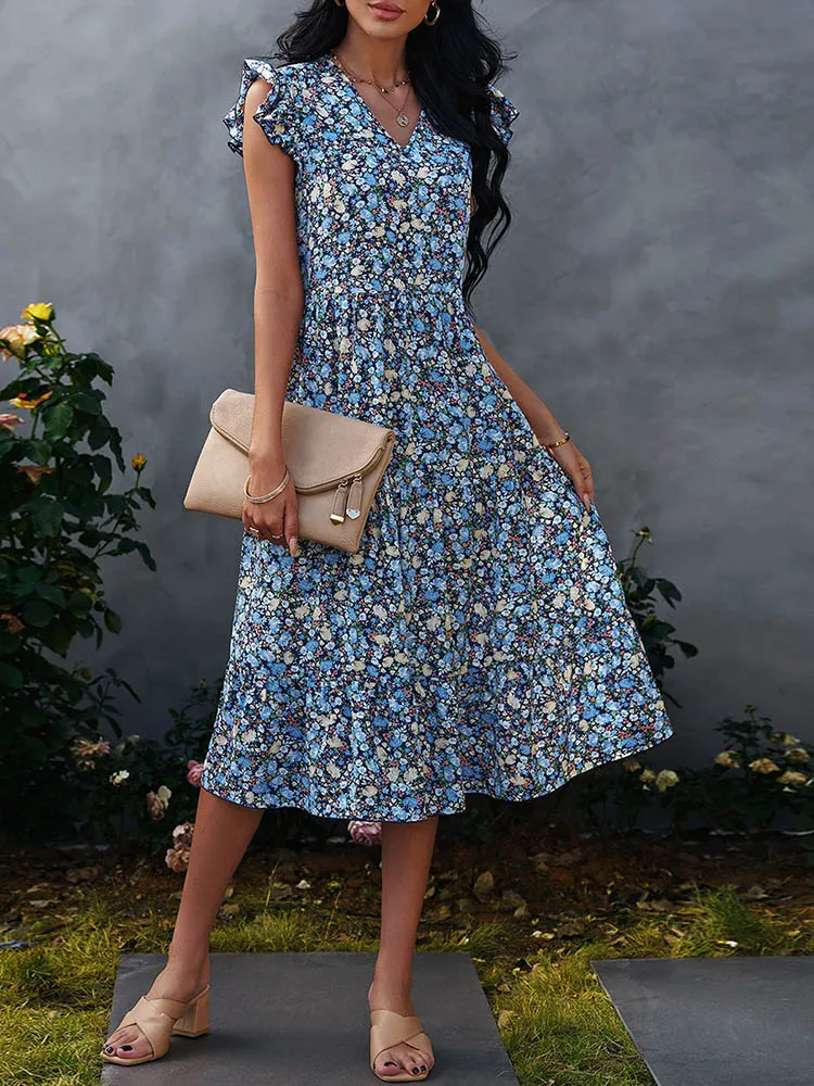 

Summer Sleeveless V-Neck Dress Women Floral Print Fashion Slim A Line Party Street Chic Dress Lady Casual Boho Vintage Mid Dress