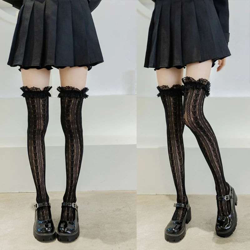 

Women Lolita Fishnet Thigh High Socks Japanese Style Heart Striped Lace Patterned Over Knee Long Stockings Ruffled Frilly Kawaii