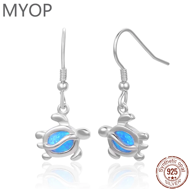 

MYOP 925 Sterling Silver Jewelry Sea Turtle Designs Fashion Gemstones Trendy Synthetic Opal Earrings