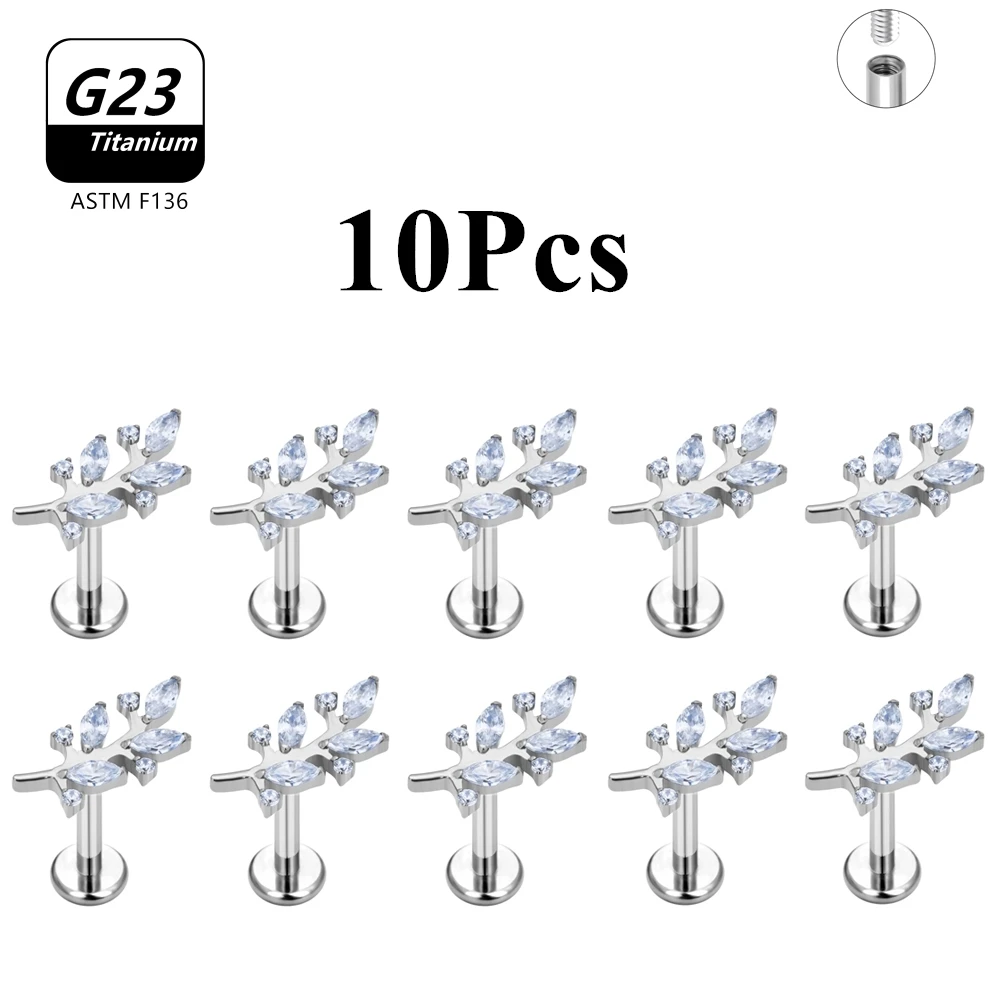 

10Pcs 16G Gold G23 Titanium Piercing Leafy Branch Barbells Stud with Clear Gems Internal Thread Body Jewelry Lobe Wholesale
