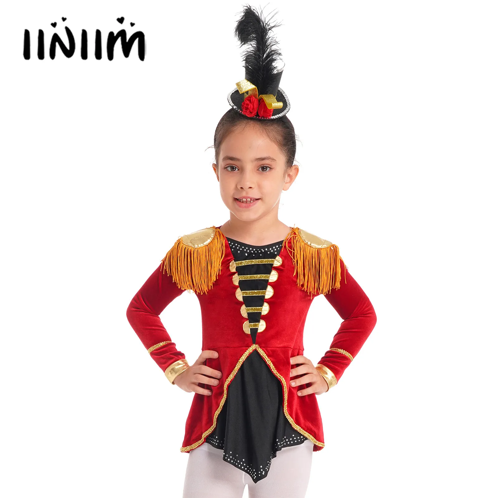 

Kids Girls Circus Ringmaster Outfit Carnival Cosplay Costume Long Sleeves Tassels Adorned Dip Hem Jumpsuit with Mini Top Hat