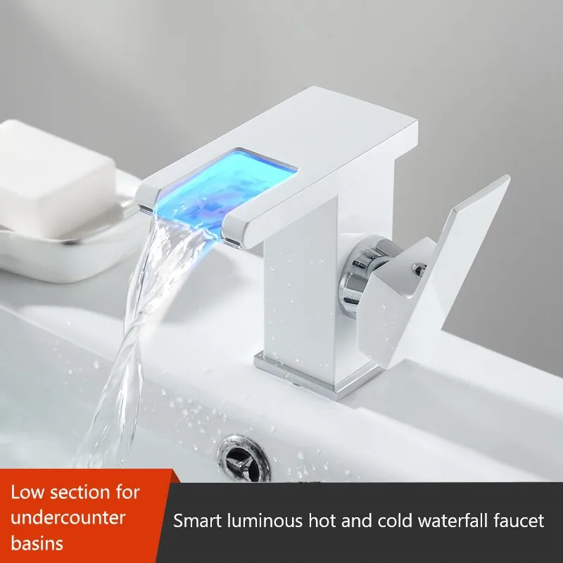 

Cold and hot faucet for washbasin, bathroom, basin, creative temperature control, color change, luminous waterfall faucet