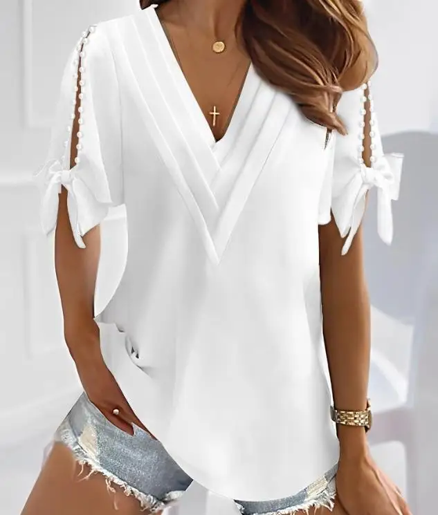 

Women's Casual T-Shirt Cover Up Tops Summer 2023 Solid Color Split Sleeve Pearls Decor Tied Detail V-Neck Ruched Top Pullover