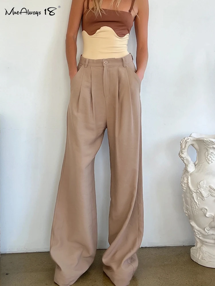 

Mnealways18 Summer Wide Leg Pants For Women Khaki Pleated Casual Oversized Pants Office Ladies Loose Floor-Length Trousers 2022