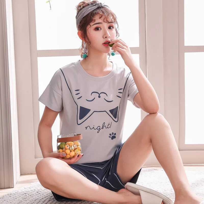 Cotton Women Pajamas Sets Cartoon Pyjamas Female Loungewear Pijamas Short Sleeve Top Shorts Suit Sleepwear Nightwear Sweatsuits