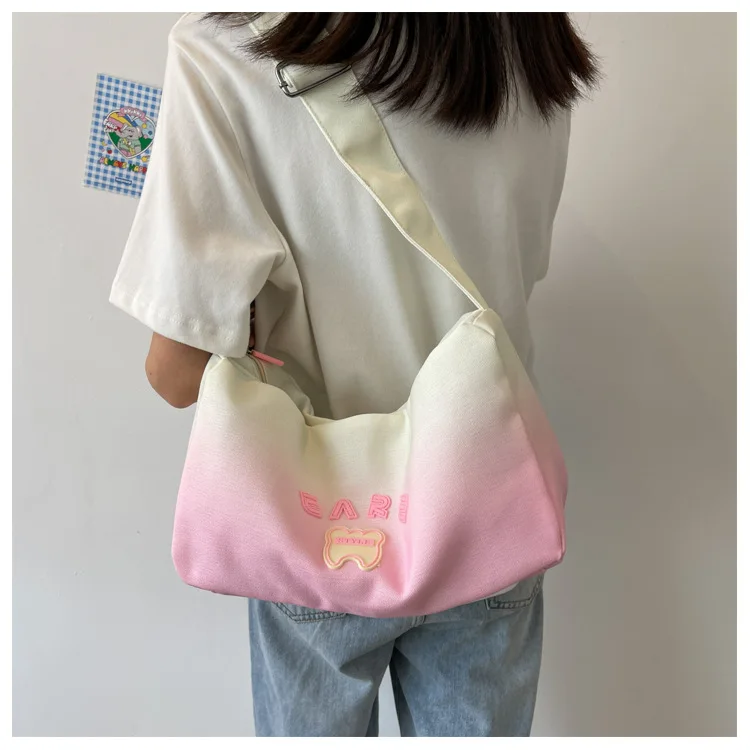 Women Gradual Canvas Tote Bag Female Large Capacity Shoulder Shopper Bag Korean Ins Cloth Crossbody Bag Zipper Messenger Handbag