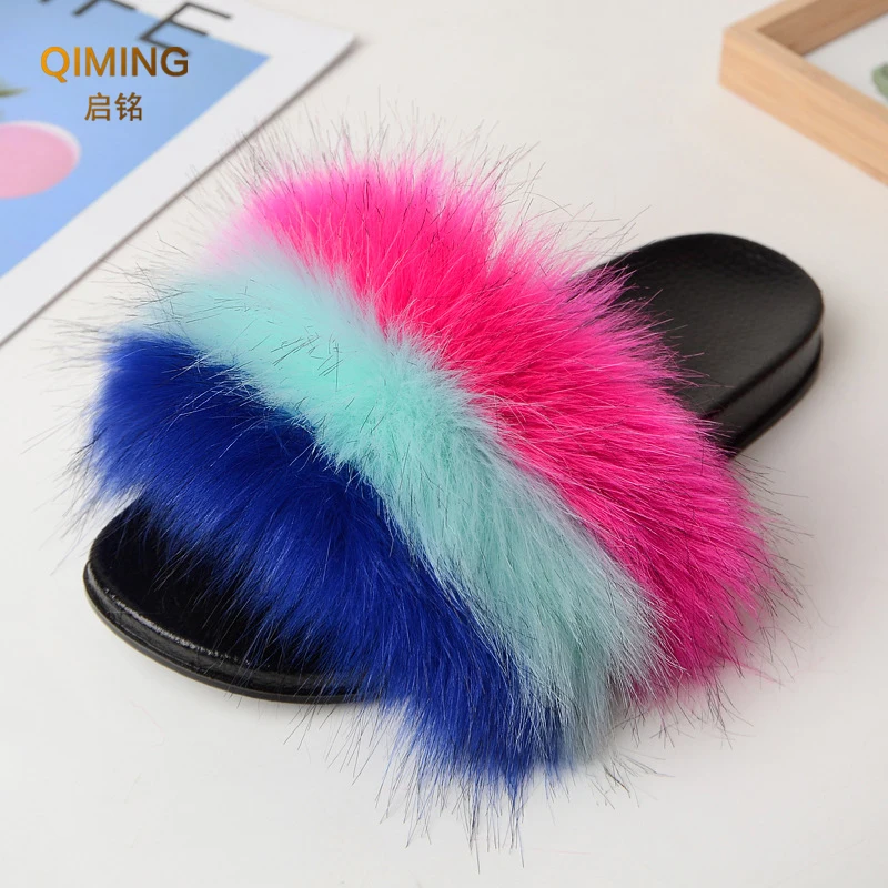 Summer Faux Fur Slippers Fuzzy Fur Slides For Women Fluffy Sandals Indoor Outdoor Ladies Shoes Woman Slipper Furry Flip Flops