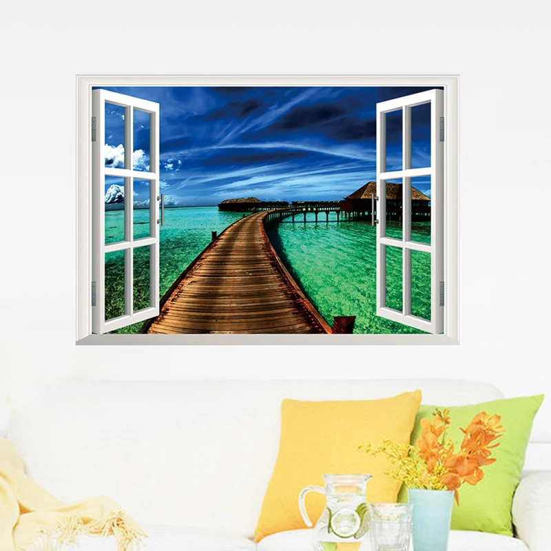 Креативная Съемная Настенная Наклейка с видом на море искусственное окно