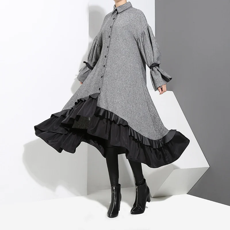 

Japanese Cotton Linen Dress Korean Loose Lace Up Long Sleeve Ruffle Shirt Women Autumn Winter 2023 New Vintage