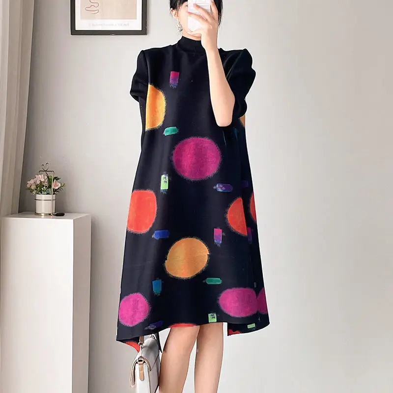 

Female pleated dress 2022 spring light luxury cypress large size long dress color polka dot printing three quarter sleeve dress