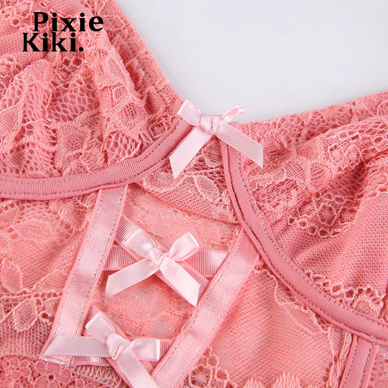 Прозрачные кружевные майки PixieKiki с бантом сексуальные милые короткие топы