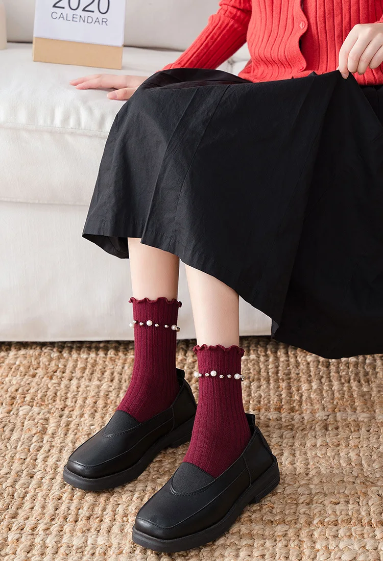 Женские Носки До Середины Икры 1 Пара Модные Плиссированные С Жемчужным Декором |