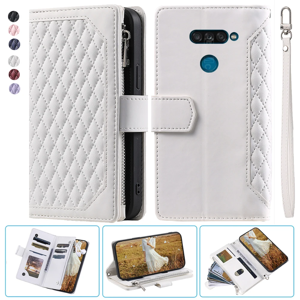

For LG K50S Fashion Small Fragrance Zipper Wallet Leather Case Flip Cover Multi Card Slots Cover Folio with Wrist Strap