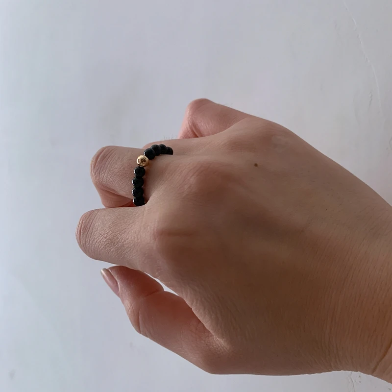 

4mm Round Black Tourmaline Stone Beads Ring Stretch Strand Natural 14k Gold Spacer Bead Finger Ornament 1pc