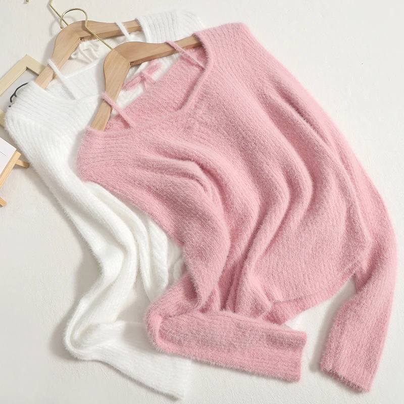 

WDMSNA Slim Sweater Women Hanging Neck Lace Up Pullover Knitwear Womens Autumn and Winter New Plush Long Sleeve Jumpers Top