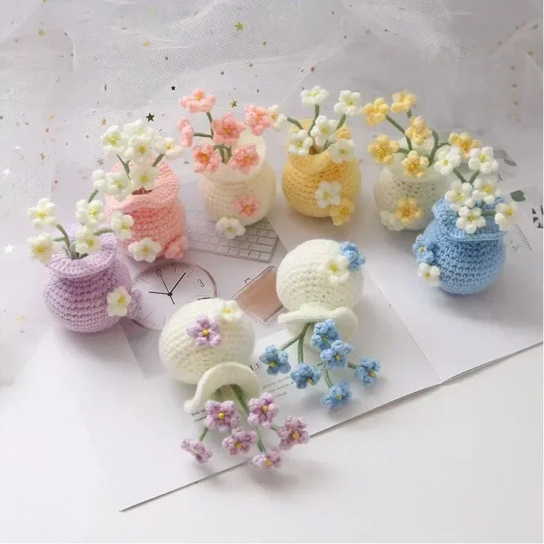 Вязаный крючком мини-цветок в горшке вязаные цветы горшках корзина с растениями