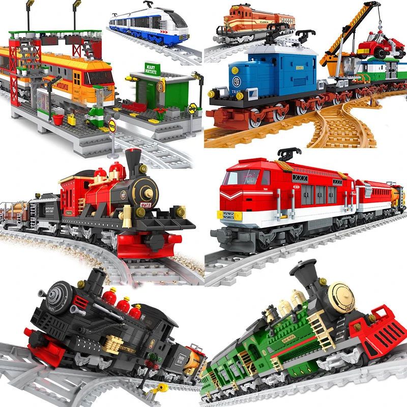 Ausini City Train Model Building Blocks Wagon Cargo Carriage Passenger Train Station Rail Tracks Locomotive Construction Toys