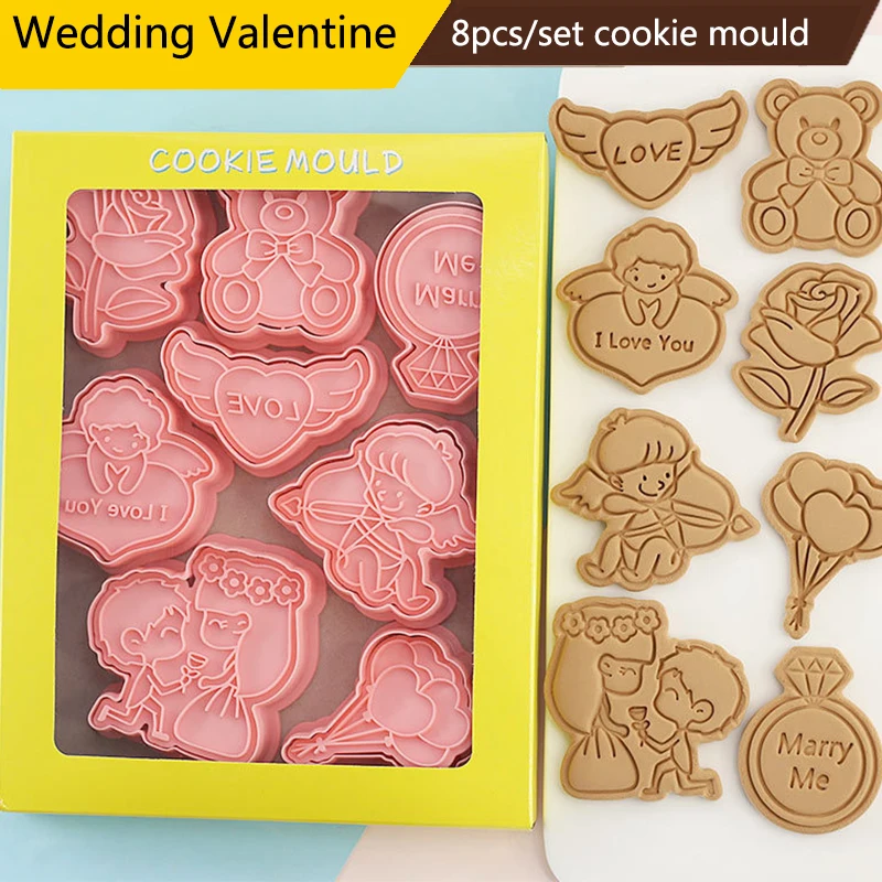 

8Pcs/set Wedding Valentine Cookie Cutters Plastic 3D Cartoon Biscuit Mold Baking Accessories Cookie Decorating Tool
