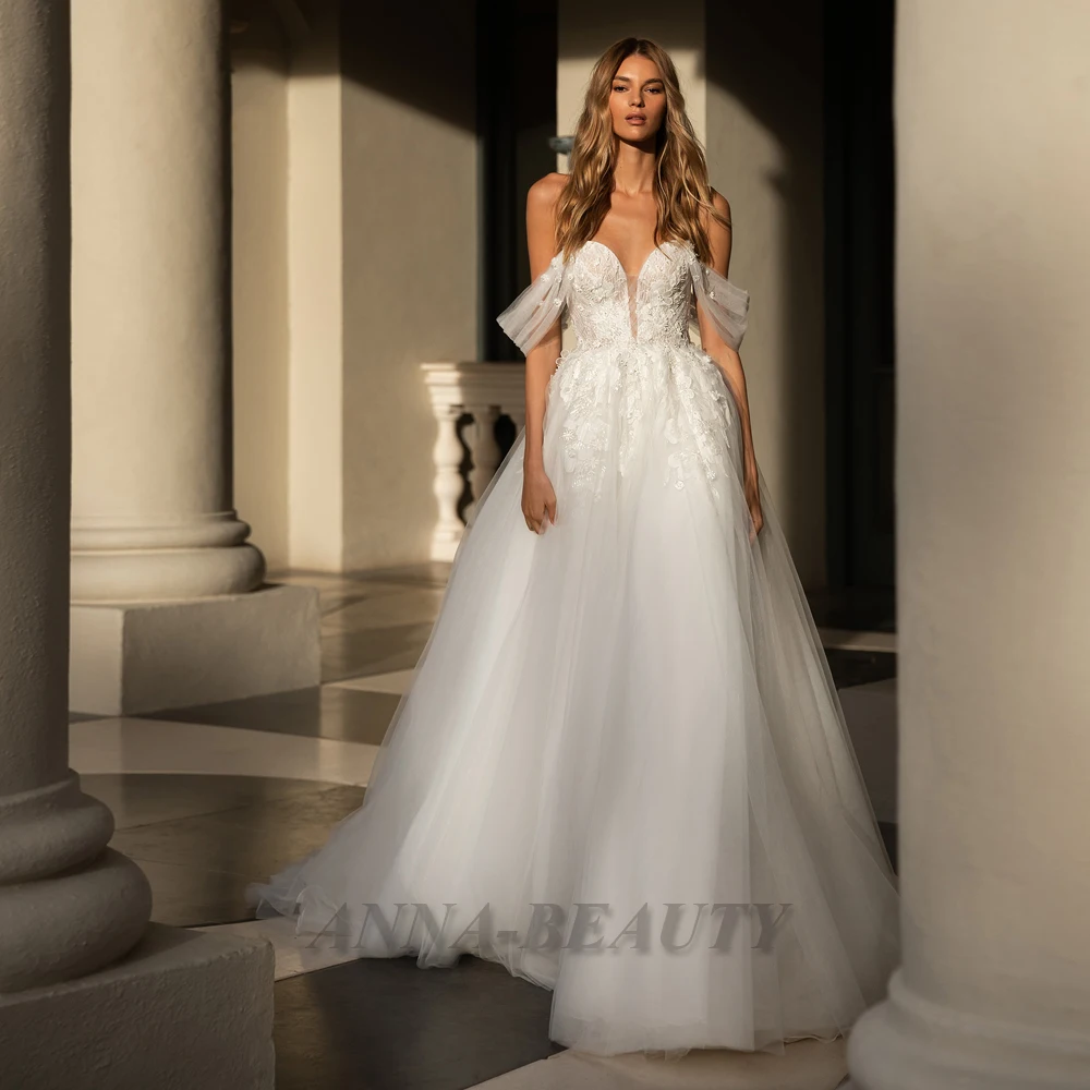 

Anna Wedding Dresses For Mariages Simples V Neck Princess Off The Shoulder A Line Tulle Appliques Illusion Vestido De Casamento