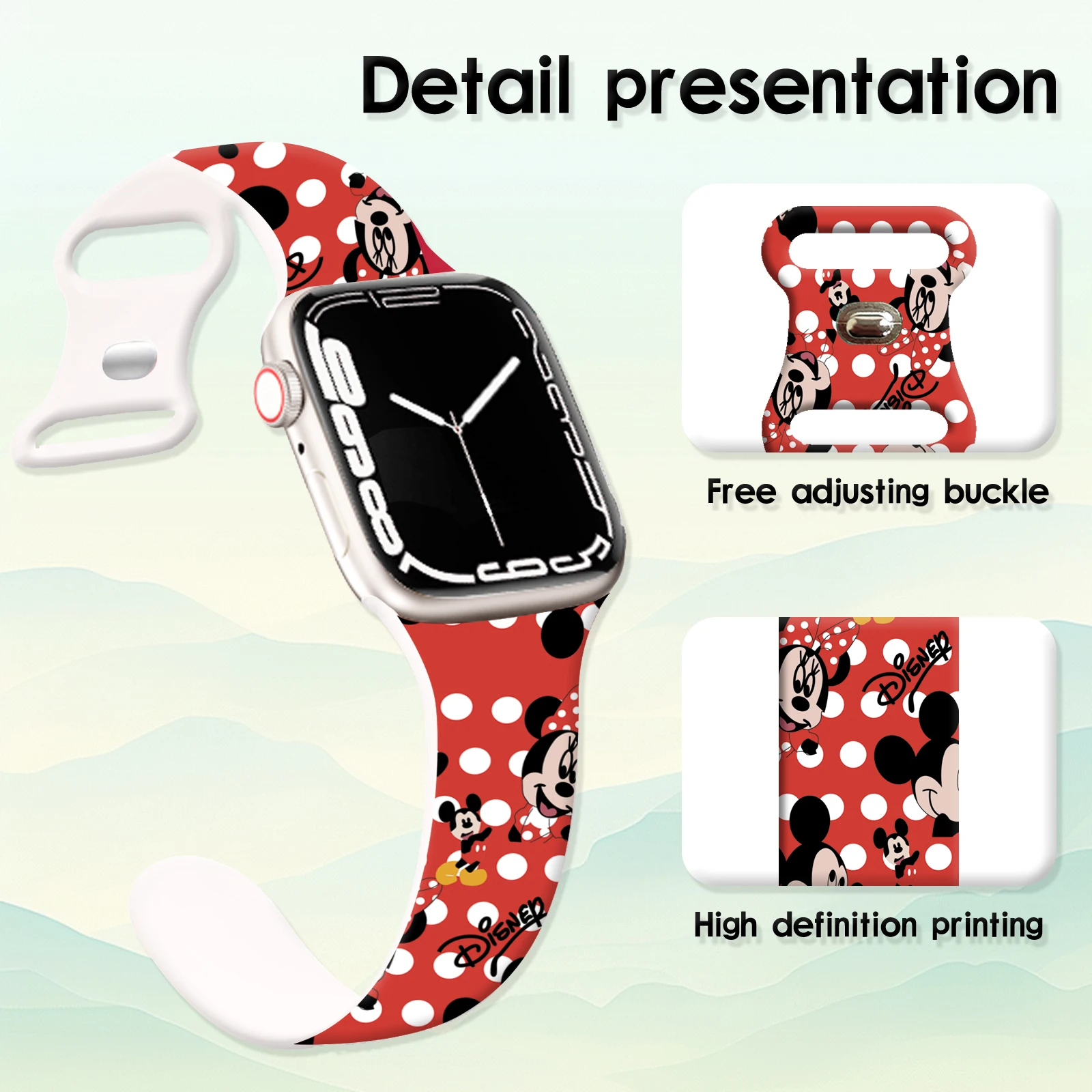 Фото Ремешок с принтом Disney Mickey Series 2 для Apple Watch 11 10 9 8 7 SE, водонепроницаемый мягкий сменный силиконовый ремешок 45 мм 44 мм 42 мм 46 мм №2