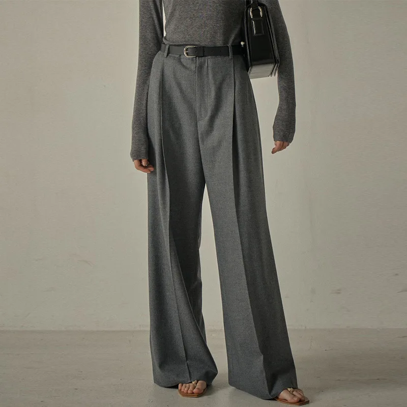 Khaite Gray Straight Suit Pants 2023 Summer New Low Classic Thin Casual Loose Dragging Wide Leg Pants