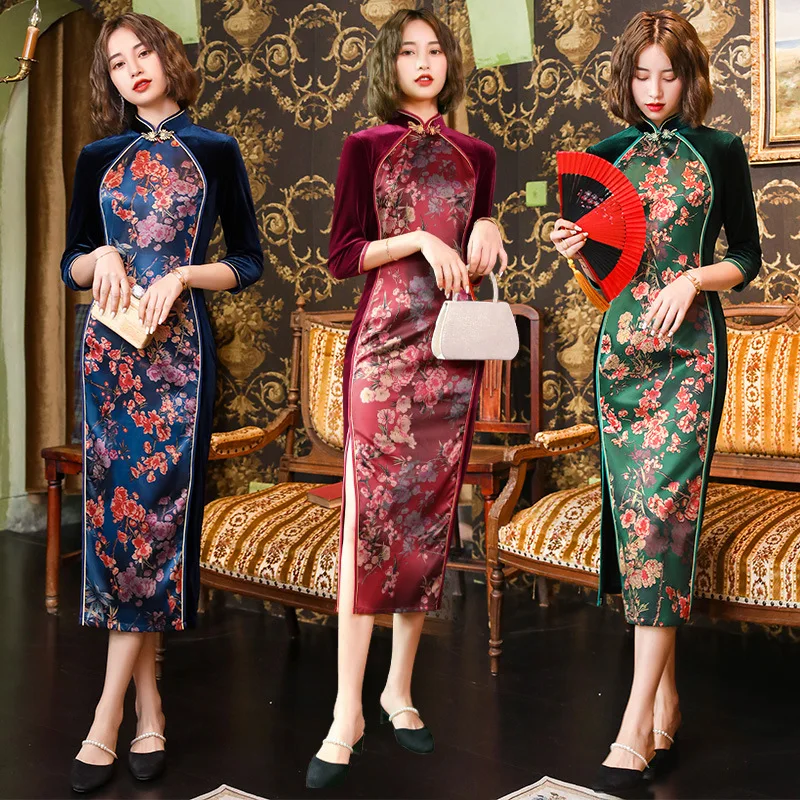 

Autumn and Winter New Stitching Velvet Three-quarter Sleeve Side Slit Cheongsam Dress Traditional Chinese Improved Women Qipao