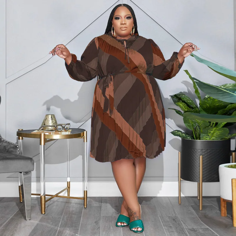 Plus Size Women's Dress Autumn and Winter New Stripes with Belt Fashion Loose Temperament Commuting Chic and Elegant Woman Dress