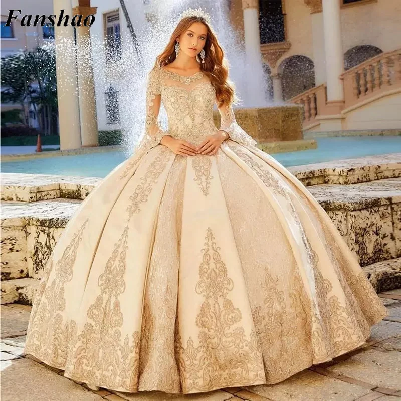 

Fanshao wd796 Beaded Lace Ball Gown Quinceanera Dresses Satin Bateau Neck Long Sleeves Prom Gowns Appliques Sequined Custom Made
