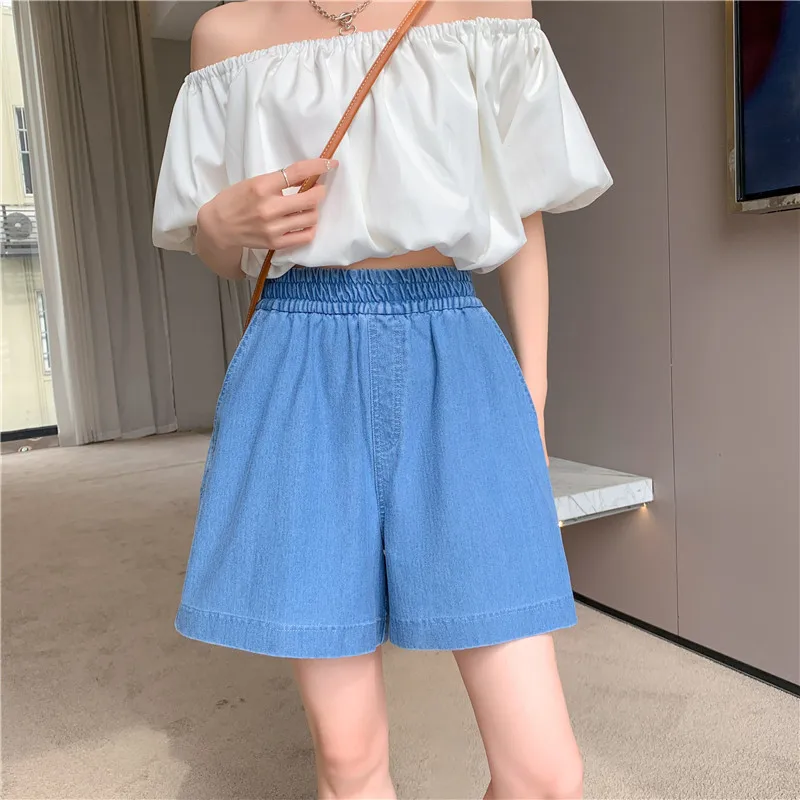 

SuperAen Fashion Solid Color 2023 Summer Denim Washed Knitted Shorts Elastic Waist Casual Short Pants