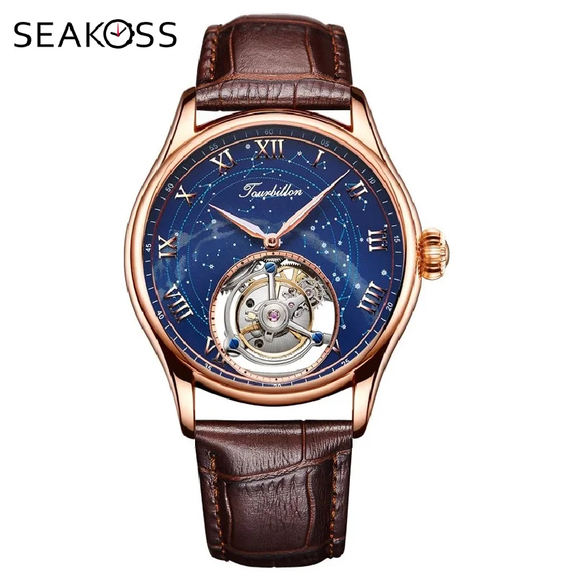 

High-end SEAKOSS Men's Star Sky Tourbillon Watches Sapphire Clock Luxury Mechanical Hand Wind Movement Man Wristwatch Business