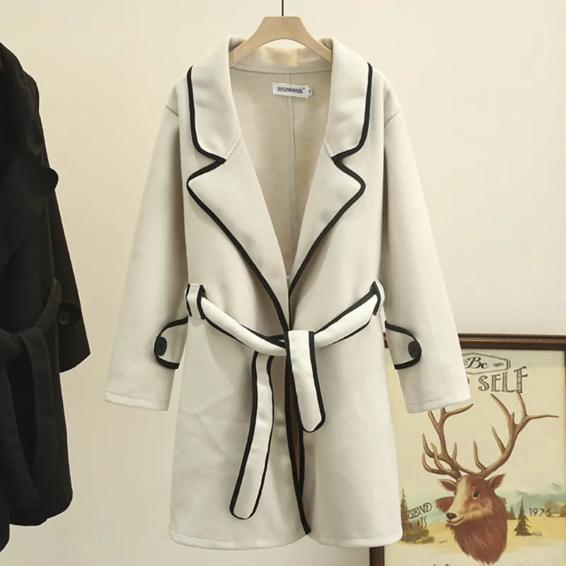 5XL Plus Size Women Woolen Overcoat 2022 Autumn Winter Temperament Tailored Collar Single Button Belt Coat Oversized