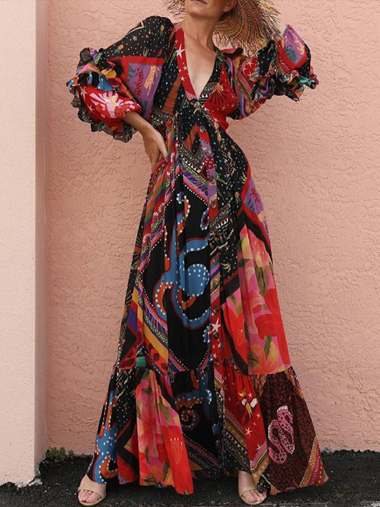 Купи 2022 Spring Summer Elegant V-Neck Bohemian Loose Maxi Dress Fashion Print Vacation Beach Dresses Women Vintage Long Sleeve Dress за 1,146 рублей в магазине AliExpress